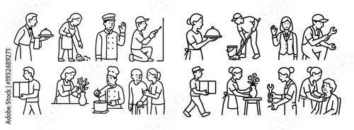 Service icons with waiter cleaner gardener minimal outline