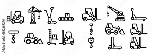Construction icons with crane forklift hook outline