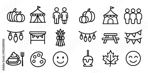 Autumn icons with pumpkin tent people outline