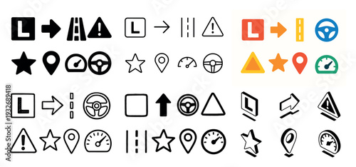 Driving icons with steering wheel speedometer pin flat