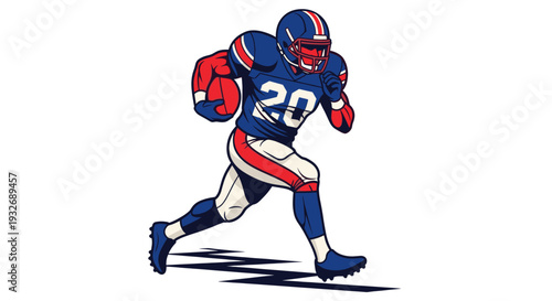 Digitally created, a football player in a blue and red uniform rushes forward, holding a football. The athlete is set against a clean, white backdrop.