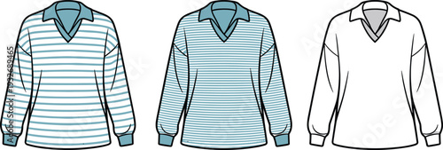 Three striped long sleeve shirts with blue white and grey patterns
