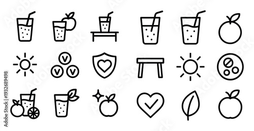 Beverage icons with glass orange leaf outline