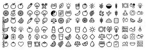 Food icons with apple carrot broccoli outline