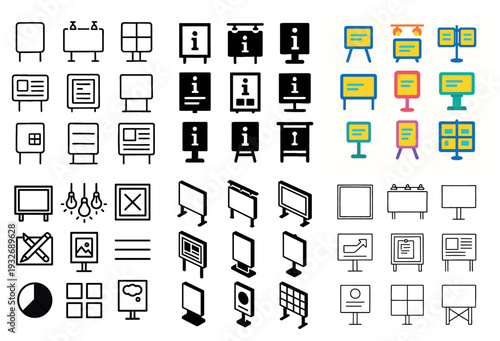Presentation icons with easel monitor chart flat