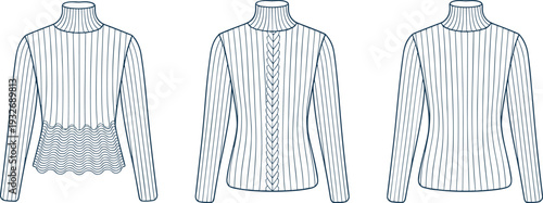 Three white striped turtleneck sweater with different necklines and patterns fashion
