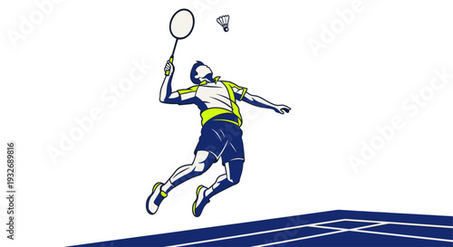 Vector illustration of a badminton player leaping to smash the shuttlecock on a court, conveying action, sport, and competition in vibrant colors.