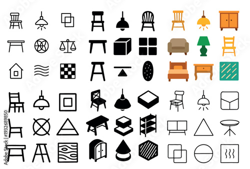 Furniture icons with chair and lamp flat
