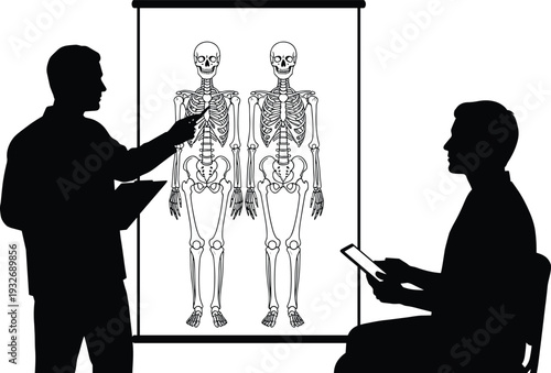 Medical classroom anatomy lesson silhouette, teacher pointing at skeleton diagrams with clipboard, student taking notes on tablet, educational vector flavector