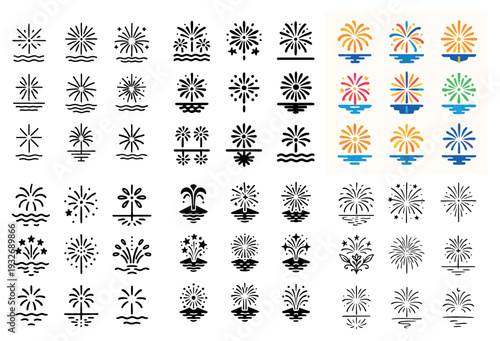 Celebration icons with firework fountain colorful