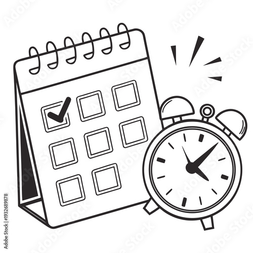 Calendar with checked box and alarm clock icon, deadline reminder, task completion notification, time management concept