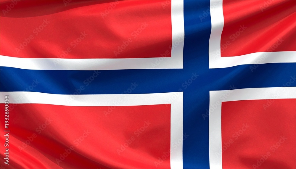 Fototapeta premium Red flag with indigo blue Nordic cross outlined in white representing Norway.