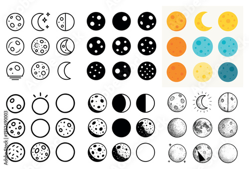 Astronomy icons with moon crater phases outline