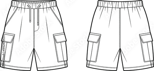 Two pairs of white shorts with side pockets and drawstrings on the waistband
