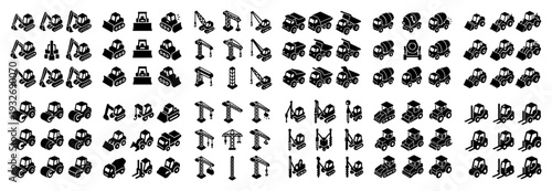 Construction icons with crane excavator dumptruck isometric
