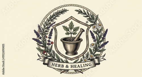 Vintage emblem of herbs and healing, featuring mortar and pestle design.