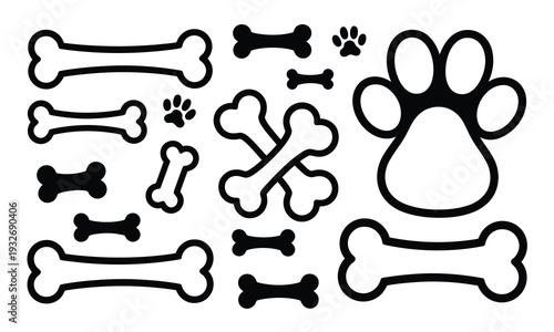 Dog, bone and paw print icon set, pet accessories illustration, animal care and playful dog design, veterinary symbols, clean vector graphics on white background for digital use.