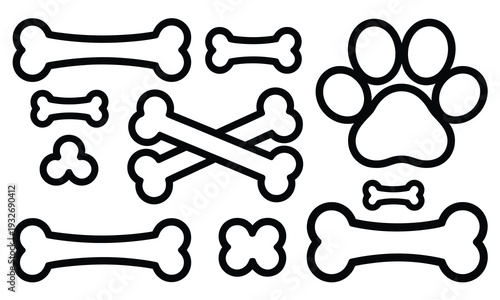 Dog, bone outline set featuring large paw print icon on white background, pet care symbols, animal illustration, veterinary concept, playful dog elements, modern flat vector design