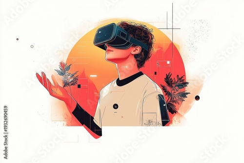 person wearing a virtual reality headset reaching toward a glowing orange sun with surrounding plants and geometric tech elements, curious and awed