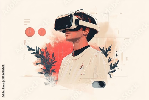 Person wearing a virtual reality headset in side profile with stylized plants, an abstract red sun and minimalist digital interface elements, conveying calm curiosity and wonder