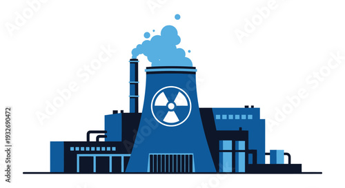A vector graphic illustration depicting a nuclear power plant facility with a cooling tower and smoke emission.