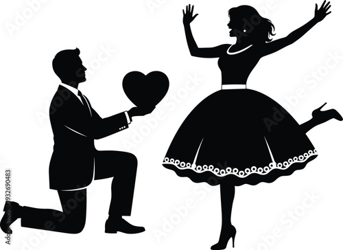 Romantic silhouette proposal scene with man kneeling, heart gesture, woman joyful acceptance, love illustration, couple relationship concept, flavector