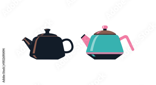 Two contrasting teapot vector illustrations showing a traditional dark design beside a modern colorful kettle graphic