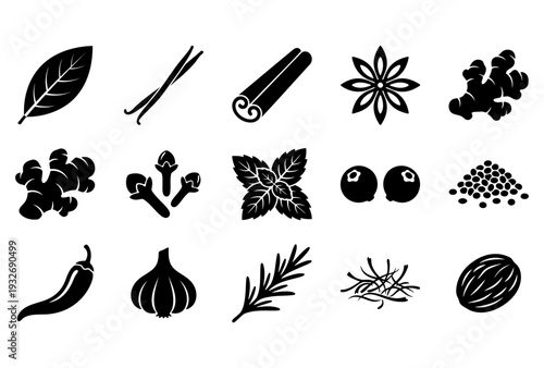 Assorted vector icons of food ingredients and herbs displayed on a clean white background from a straightforward viewpoint