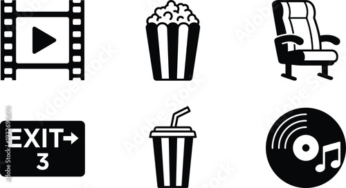 Black and White Cinema Icon Set Featuring Movie Film Strip Popcorn Cinema Seat Exit Sign Soda and Music Record for Entertainment Industry Design
