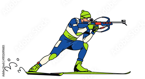 Illustrated biathlete in blue and green, focuses intently while aiming their rifle during cross-country ski race; sporty and clean, suitable for winter sports content.