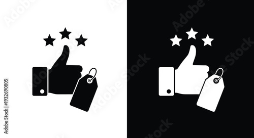 Excellent product rating and customer review vector illustration with a thumbs up and a price tag.