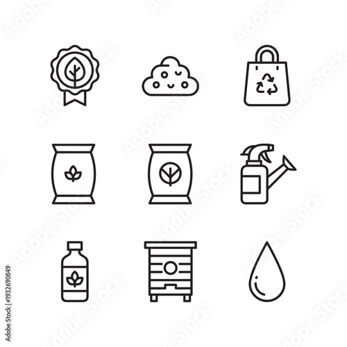 Set of gardening icons representing organic farming and natural products