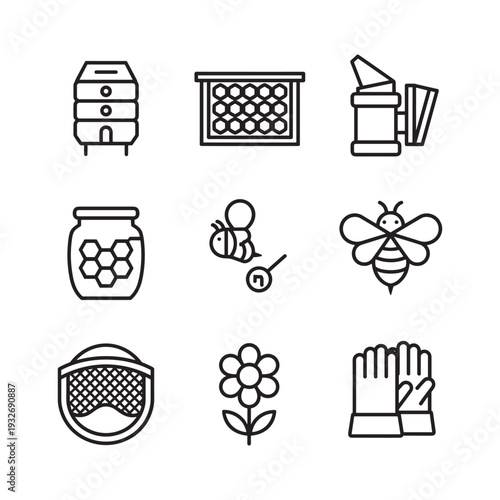 Collection of beekeeping icons including hive, honeycomb, bee, and tools