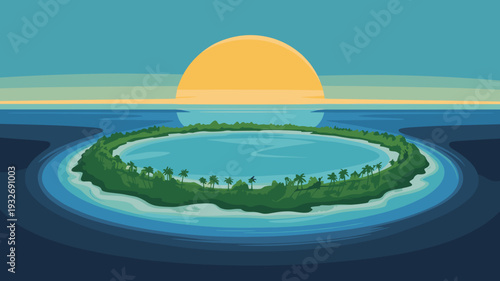 vector illustration of circular tropical island lagoon surrounded by ocean at sunset