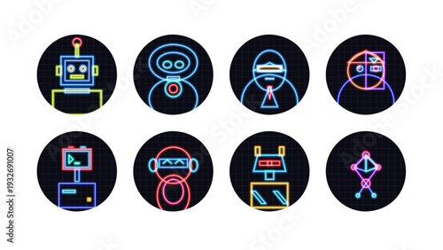 Premium neon style set icon vector with glowing robot heads, cyborg avatars, and artificial intelligence bots. Cyberpunk futuristic character portraits for tech game UI app web interface design.