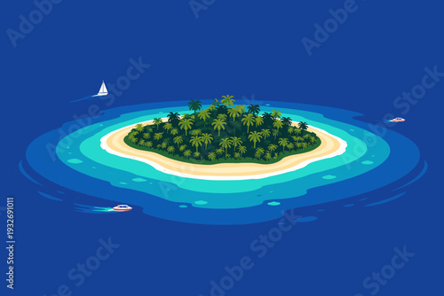 vector illustration of tropical island surrounded by turquoise ocean with sandy beach