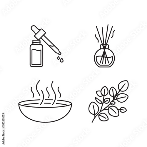 Aromatherapy and wellness icons: essential oil, diffuser, steam bowl, and herb branch