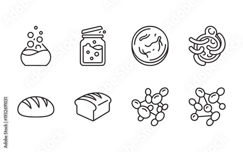 Microbiology and fermentation icons: yeast, bacteria, bread, and lab equipment