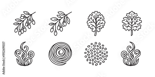 Collection of stylized line art icons representing nature and food elements