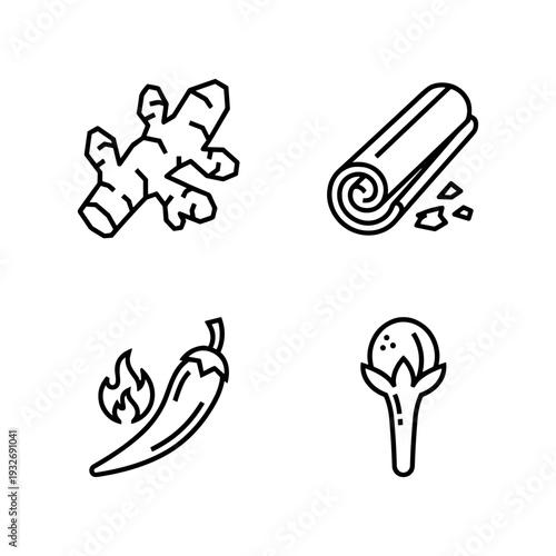 Collection of four distinct spice icons: ginger, cinnamon, chili pepper, and cloves