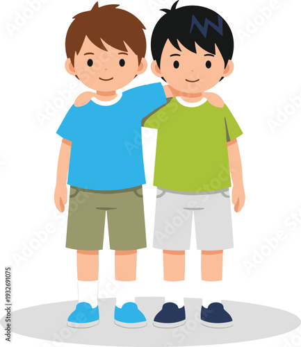 Two cute cartoon boy friends standing together with arms around shoulders wearing blue and green t shirts for childhood friendship and brotherly bond concepts