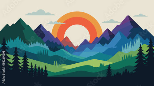vector illustration of mountain landscape with layered peaks and colorful sunset