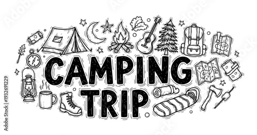 Camping trip adventure doodle with gear and nature icons