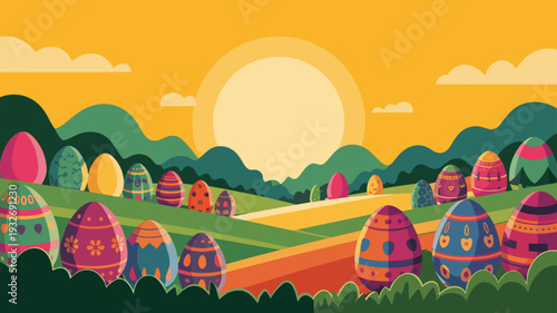 vector illustration of decorated Easter eggs in spring countryside with rolling hills and sunset, Festive holiday landscape background