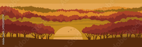 vector illustration of autumn forest landscape with red trees and large sun at sunset, Scenic seasonal countryside background