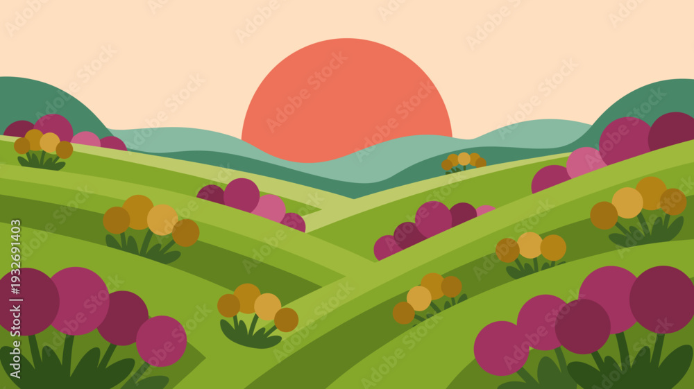 Obraz premium Flat vector illustration of colorful spring countryside landscape with rolling green hills, blooming flowers and large sun in pastel sky, Seasonal nature background