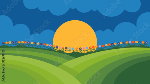 green rolling hills with colorful flower field and large yellow sun under blue sky, Minimal spring nature landscape background