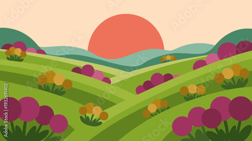 Flat vector illustration of colorful spring countryside landscape with rolling green hills, blooming flowers and large sun in pastel sky, Seasonal nature background