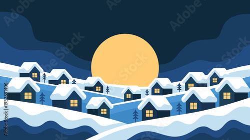winter village at night with snowy rooftops and glowing windows under full moon, Cozy holiday landscape illustration with houses and snowdrifts.