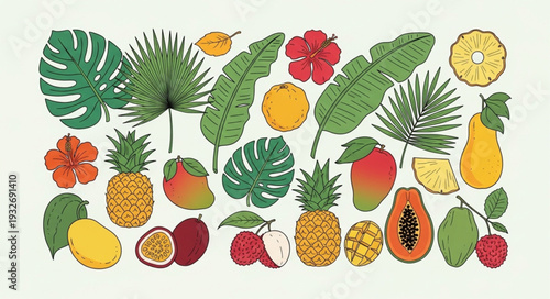 Tropical fruit assortment with vibrant colors and diverse textures, a delicious collection.